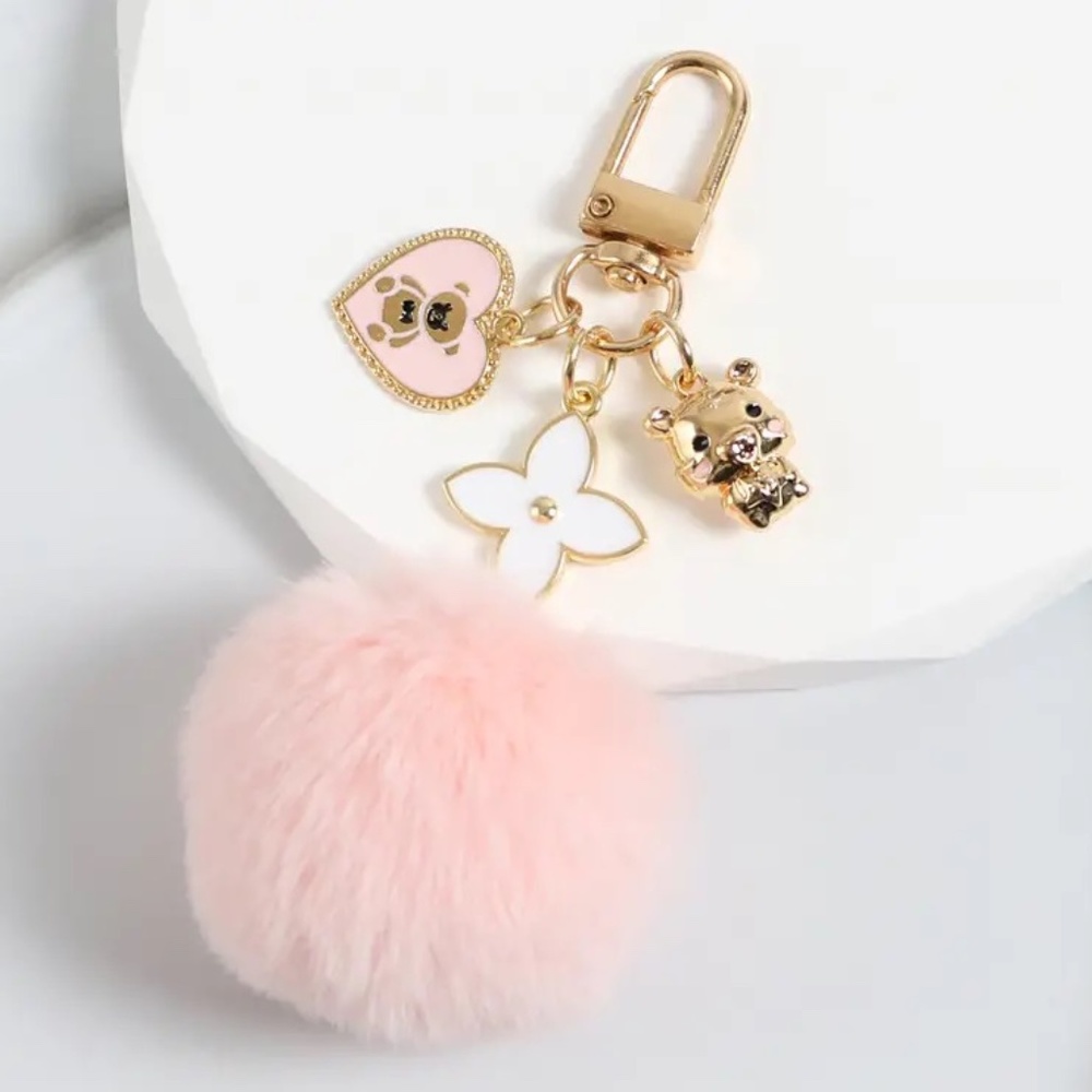 Gold Love Heart Bear White Flower Pink Pom Pom Keychain Purse Bag Charm